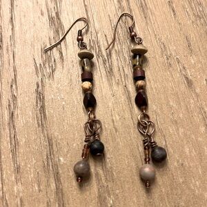Handmade Bohemian dangle earrings with natural stones in brushed copper finish